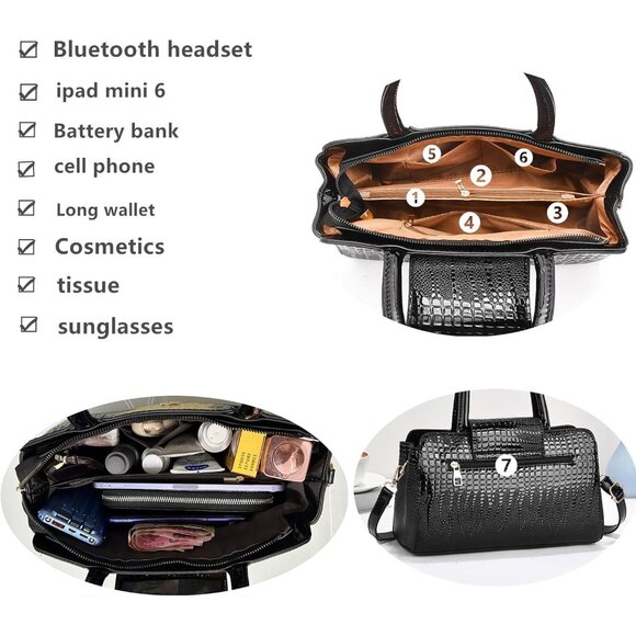 Black and White Crocodile Pattern Faux Leather Top Handle Satchel with Detachabl - Picture 3 of 6